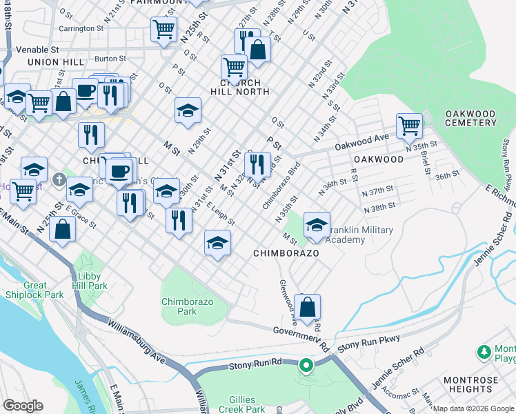 map of restaurants, bars, coffee shops, grocery stores, and more near 704 Chimborazo Boulevard in Richmond