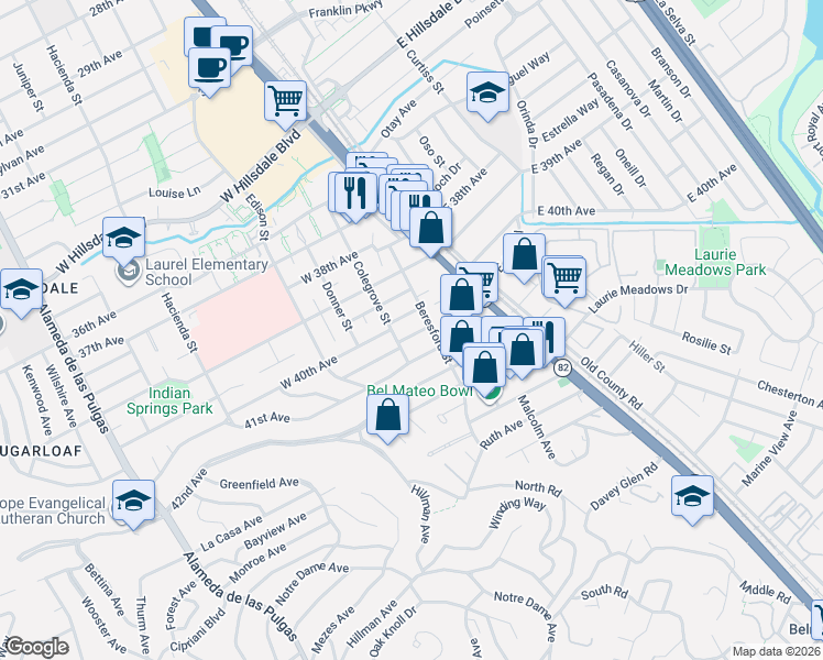 map of restaurants, bars, coffee shops, grocery stores, and more near 92 41st Avenue in San Mateo
