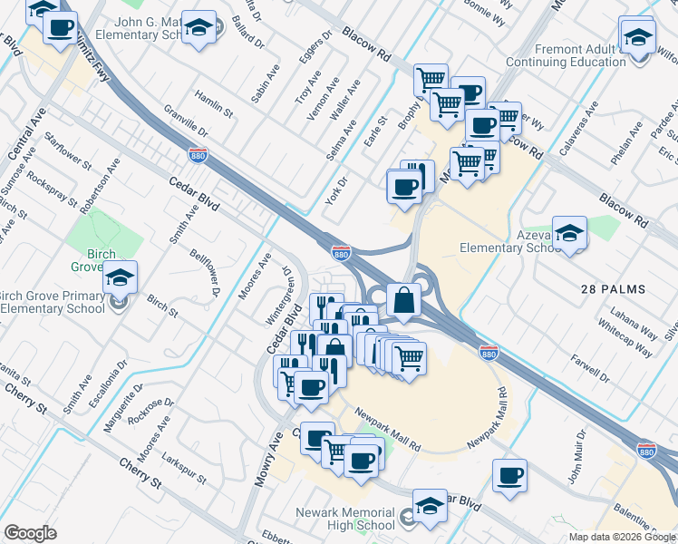 map of restaurants, bars, coffee shops, grocery stores, and more near 5659 Daylily Street in Newark