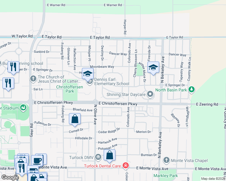 map of restaurants, bars, coffee shops, grocery stores, and more near 1024 Rosenthal Drive in Turlock