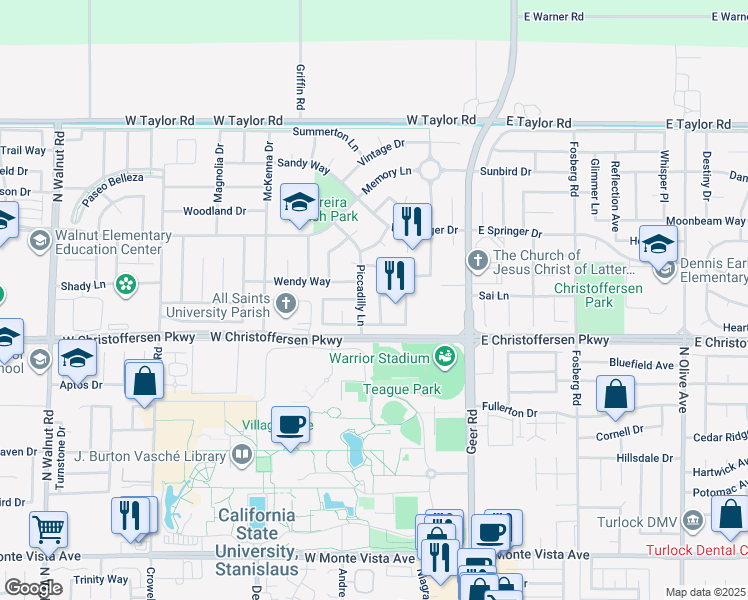map of restaurants, bars, coffee shops, grocery stores, and more near 4082 Piccadilly Lane in Turlock