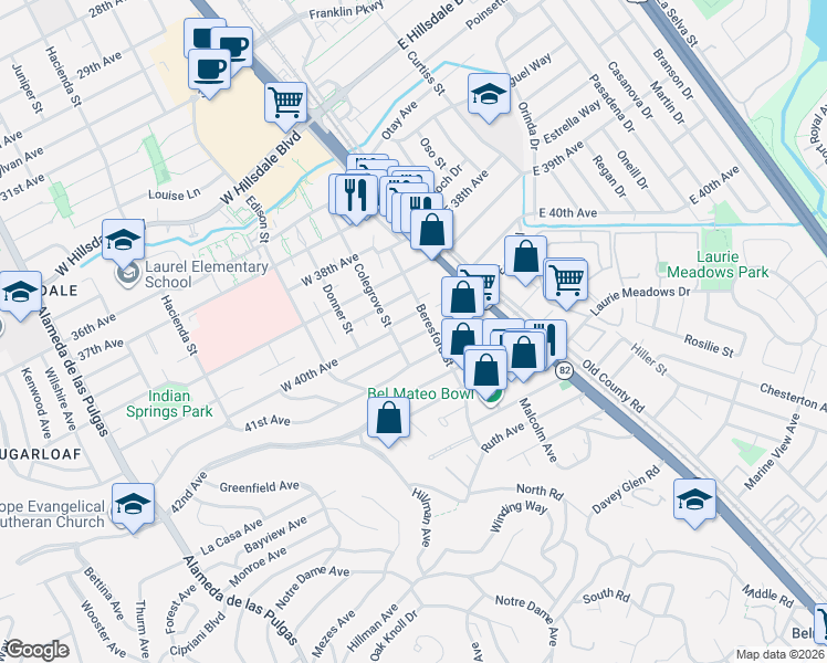 map of restaurants, bars, coffee shops, grocery stores, and more near 92 41st Avenue in San Mateo