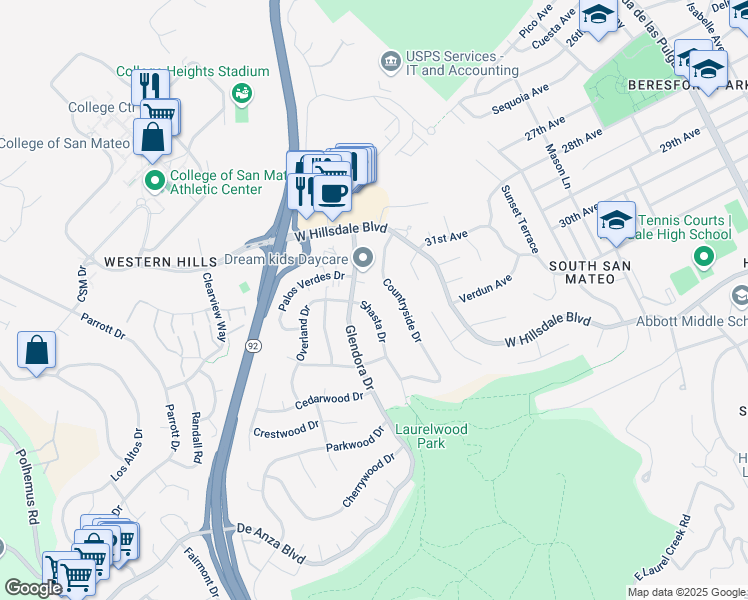 map of restaurants, bars, coffee shops, grocery stores, and more near 3329 Shasta Drive in San Mateo