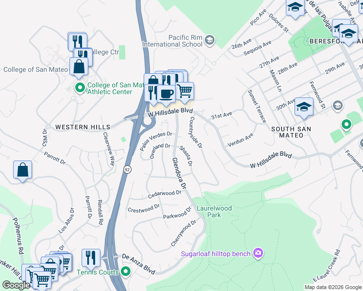 map of restaurants, bars, coffee shops, grocery stores, and more near 3311 Glendora Drive in San Mateo