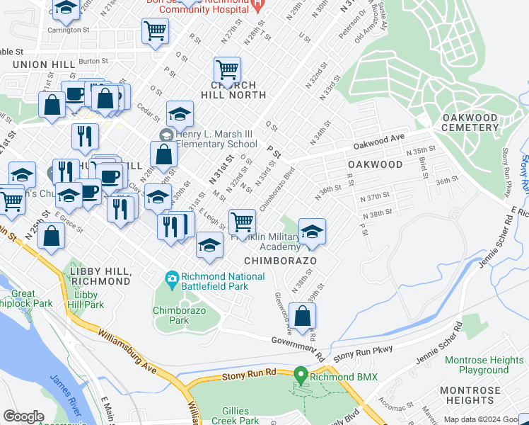 map of restaurants, bars, coffee shops, grocery stores, and more near 712 North 35th Street in Richmond