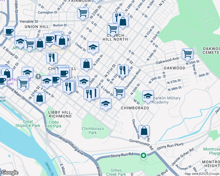 map of restaurants, bars, coffee shops, grocery stores, and more near 602 North 33rd Street in Richmond