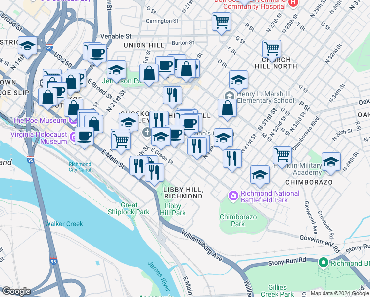 map of restaurants, bars, coffee shops, grocery stores, and more near 2717 East Broad Street in Richmond