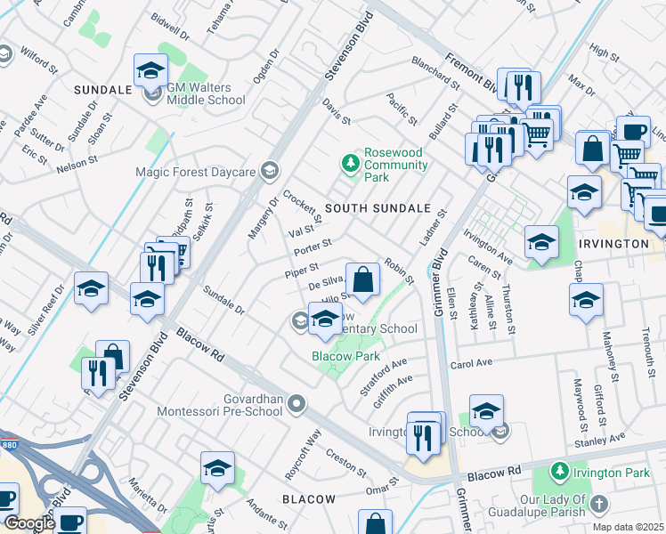 map of restaurants, bars, coffee shops, grocery stores, and more near 4564 Piper Street in Fremont