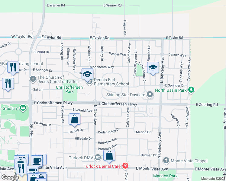 map of restaurants, bars, coffee shops, grocery stores, and more near 1024 Rosenthal Drive in Turlock