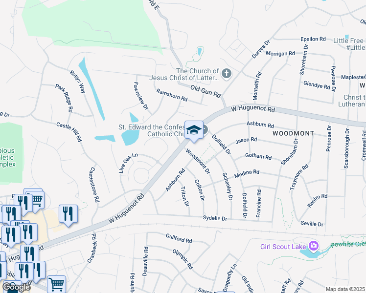 map of restaurants, bars, coffee shops, grocery stores, and more near W Huguenot Rd & Woodmont Dr in Bon Air