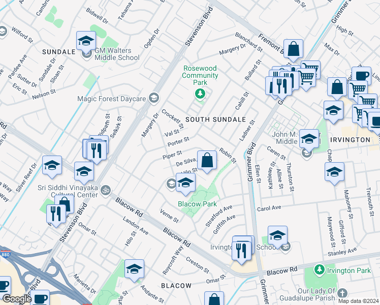 map of restaurants, bars, coffee shops, grocery stores, and more near 4564 Piper Street in Fremont