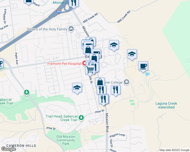 map of restaurants, bars, coffee shops, grocery stores, and more near 152 Anza Street in Fremont
