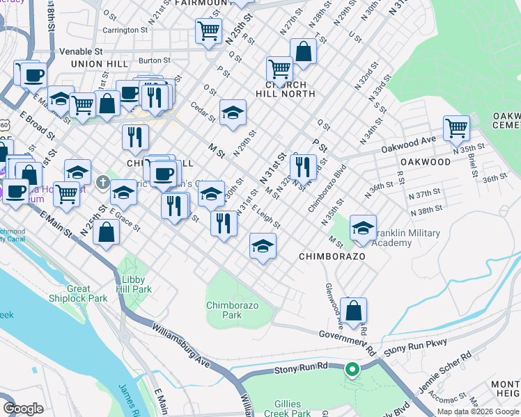 map of restaurants, bars, coffee shops, grocery stores, and more near 512 North 32nd Street in Richmond