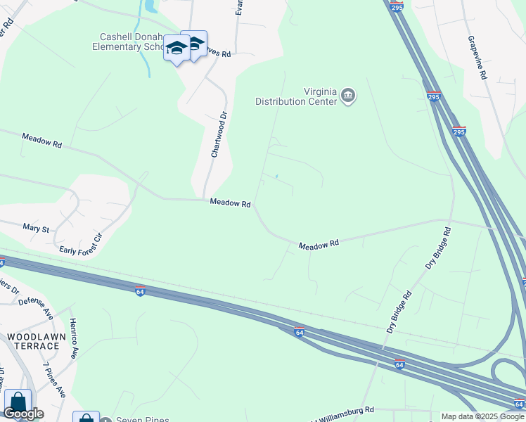 map of restaurants, bars, coffee shops, grocery stores, and more near 2110 Meadow Road in Sandston