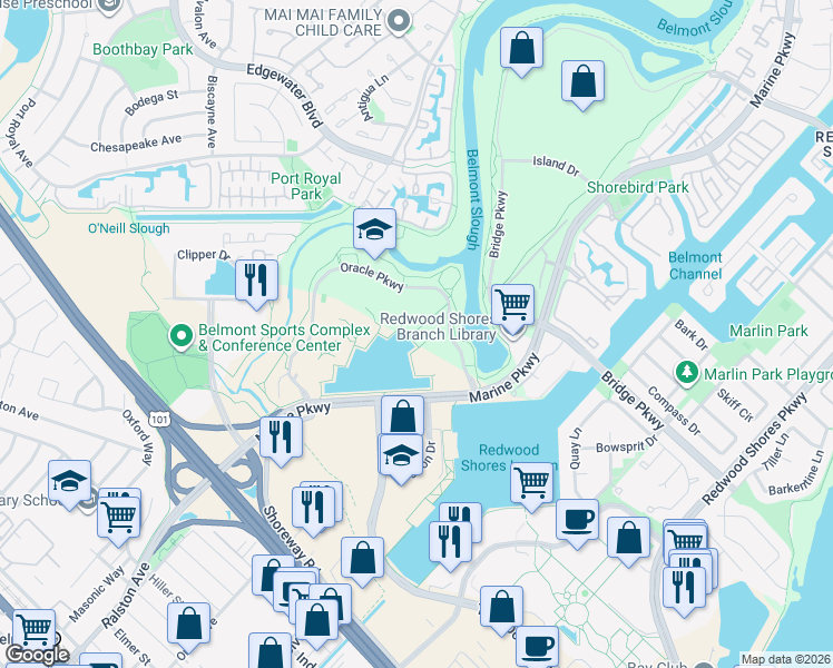 map of restaurants, bars, coffee shops, grocery stores, and more near 500 Oracle Parkway in Redwood City