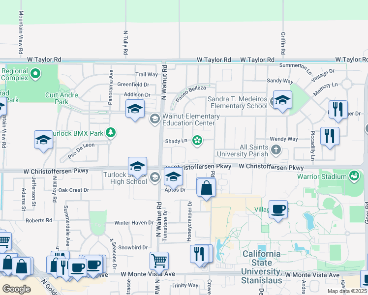 map of restaurants, bars, coffee shops, grocery stores, and more near 1360 Shady Lane in Turlock