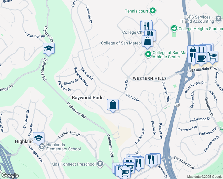 map of restaurants, bars, coffee shops, grocery stores, and more near 1538 Parrott Drive in San Mateo