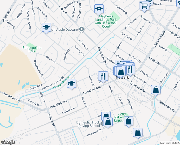 map of restaurants, bars, coffee shops, grocery stores, and more near 36807 Locust Street in Newark