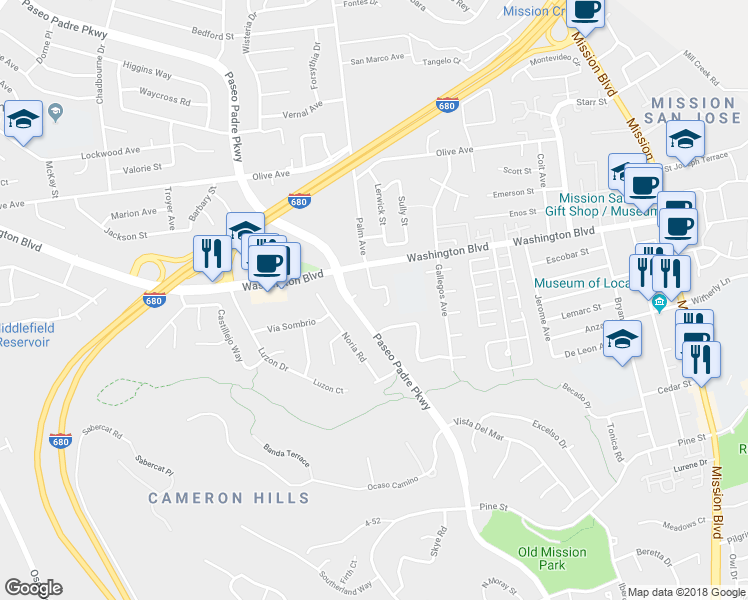 map of restaurants, bars, coffee shops, grocery stores, and more near 43215 Palm Place in Fremont