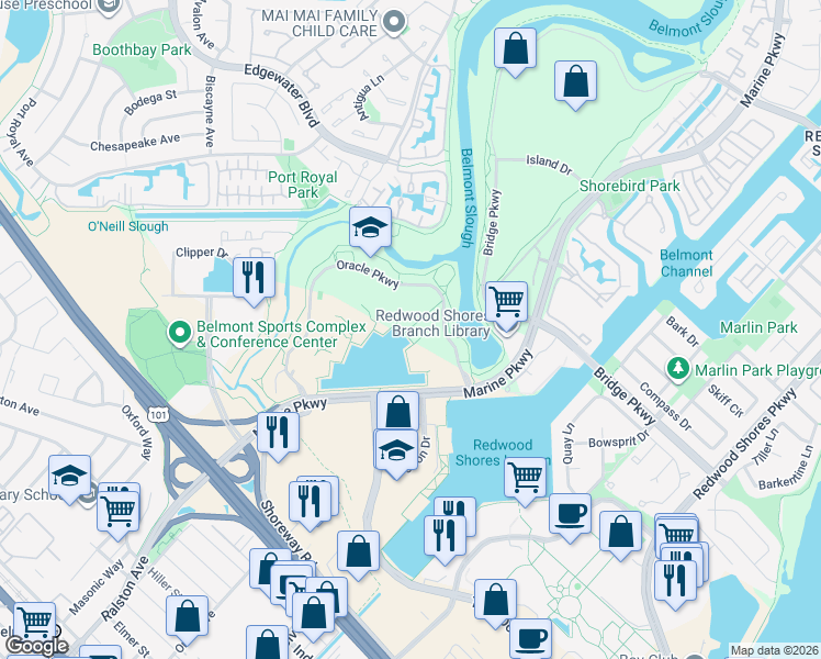 map of restaurants, bars, coffee shops, grocery stores, and more near 500 Oracle Parkway in Redwood City