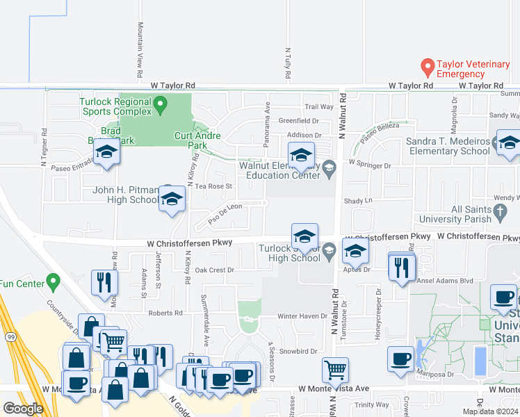 map of restaurants, bars, coffee shops, grocery stores, and more near 4181 Panorama Avenue in Turlock