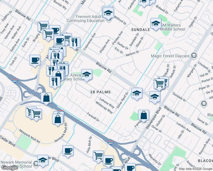 map of restaurants, bars, coffee shops, grocery stores, and more near 5142 Coco Palm Drive in Fremont