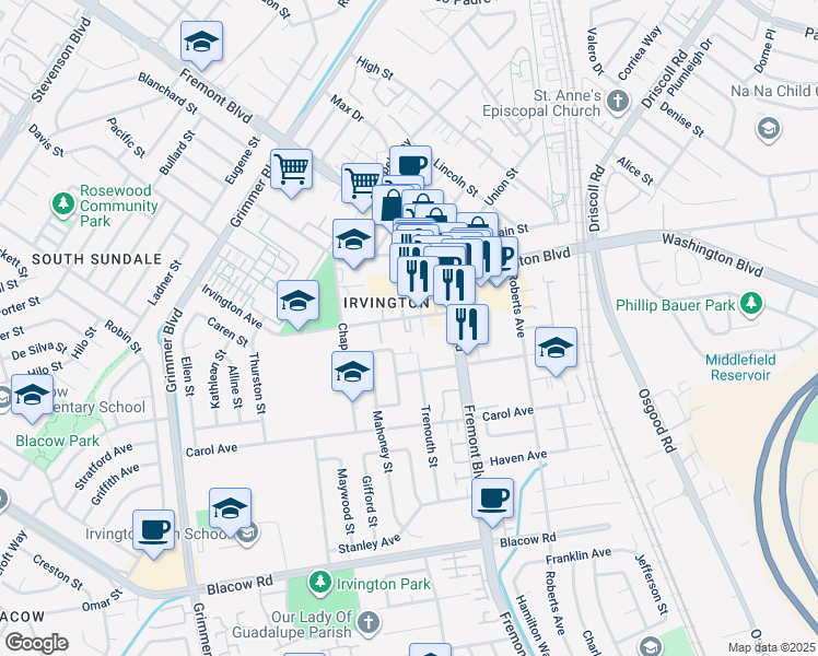 map of restaurants, bars, coffee shops, grocery stores, and more near 4140 Irvington Avenue in Fremont