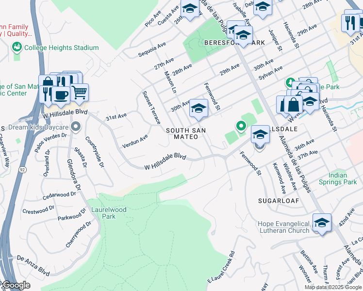 map of restaurants, bars, coffee shops, grocery stores, and more near 837 West Hillsdale Boulevard in San Mateo
