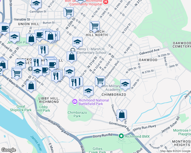 map of restaurants, bars, coffee shops, grocery stores, and more near 622 North 33rd Street in Richmond