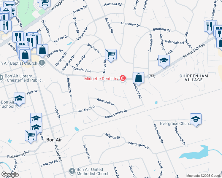 map of restaurants, bars, coffee shops, grocery stores, and more near 8129 Bendemeer Road in Richmond