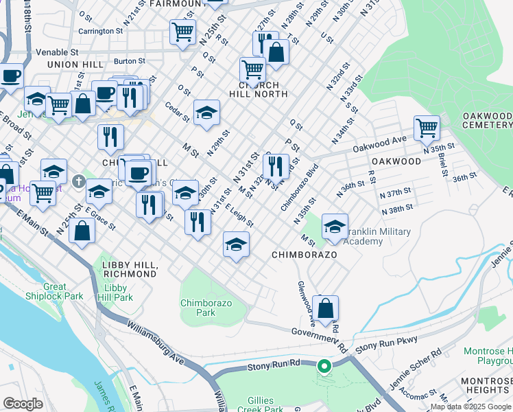 map of restaurants, bars, coffee shops, grocery stores, and more near 602 North 33rd Street in Richmond