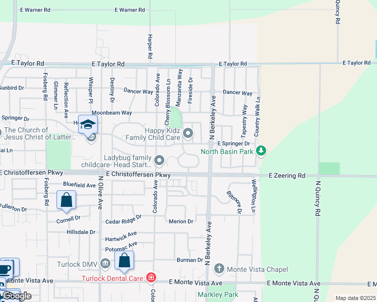 map of restaurants, bars, coffee shops, grocery stores, and more near 4141 Enclave Drive in Turlock