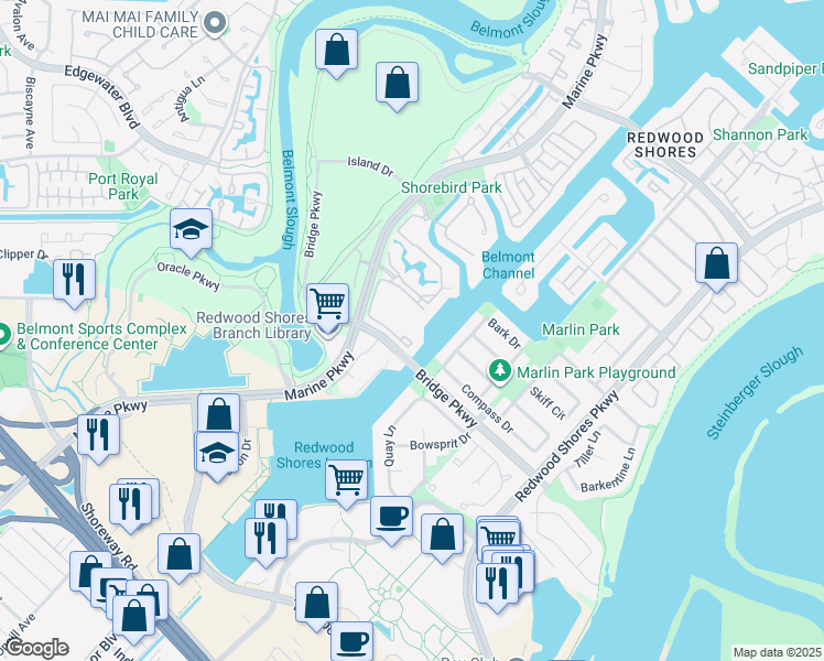 map of restaurants, bars, coffee shops, grocery stores, and more near 390 Bridge Parkway in Redwood City
