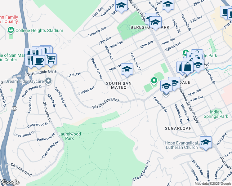 map of restaurants, bars, coffee shops, grocery stores, and more near 837 West Hillsdale Boulevard in San Mateo