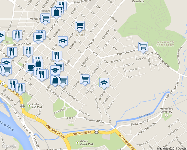 map of restaurants, bars, coffee shops, grocery stores, and more near 712 North 35th Street in Richmond