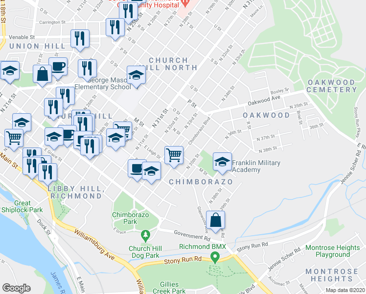 map of restaurants, bars, coffee shops, grocery stores, and more near 617 Chimborazo Boulevard in Richmond