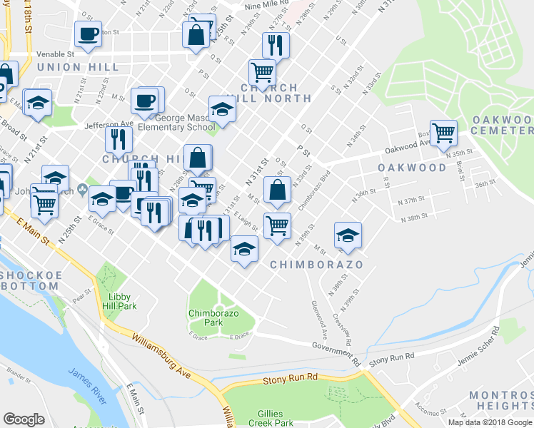 map of restaurants, bars, coffee shops, grocery stores, and more near 602 North 33rd Street in Richmond