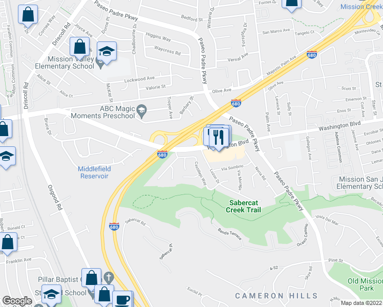 map of restaurants, bars, coffee shops, grocery stores, and more near 2050 Castillejo Way in Fremont