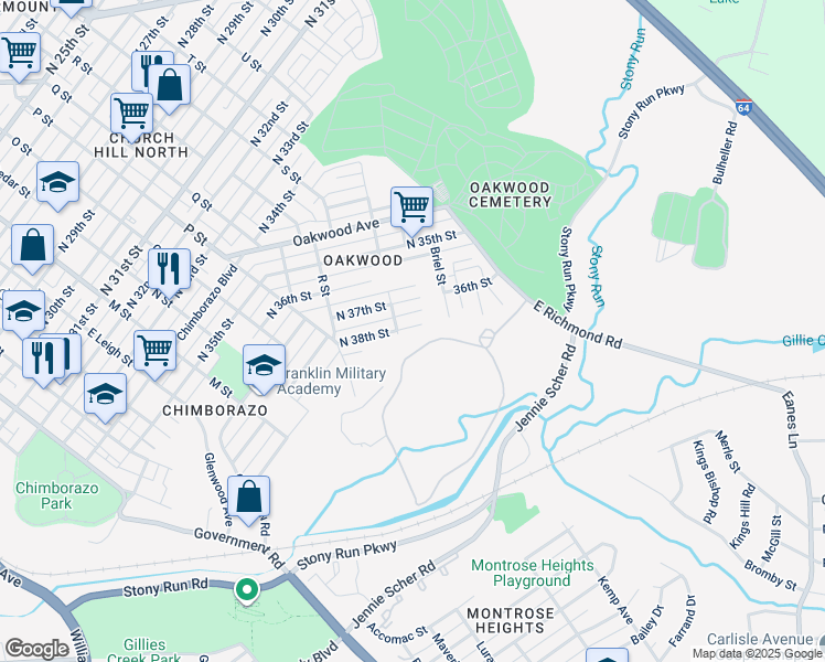 map of restaurants, bars, coffee shops, grocery stores, and more near 1309 North 38th Street in Richmond