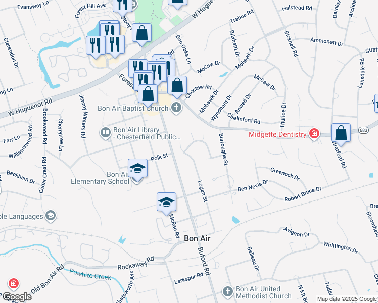 map of restaurants, bars, coffee shops, grocery stores, and more near 8731 Grand Summit Road in Richmond