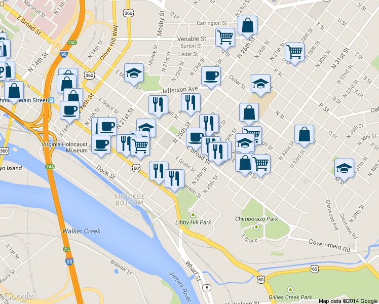 map of restaurants, bars, coffee shops, grocery stores, and more near 2607 East Broad Street in Richmond