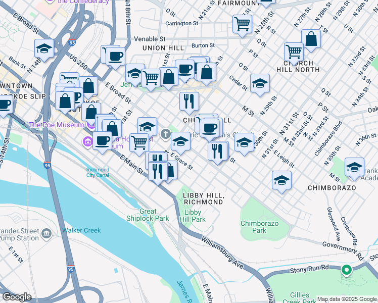 map of restaurants, bars, coffee shops, grocery stores, and more near 2607 East Broad Street in Richmond