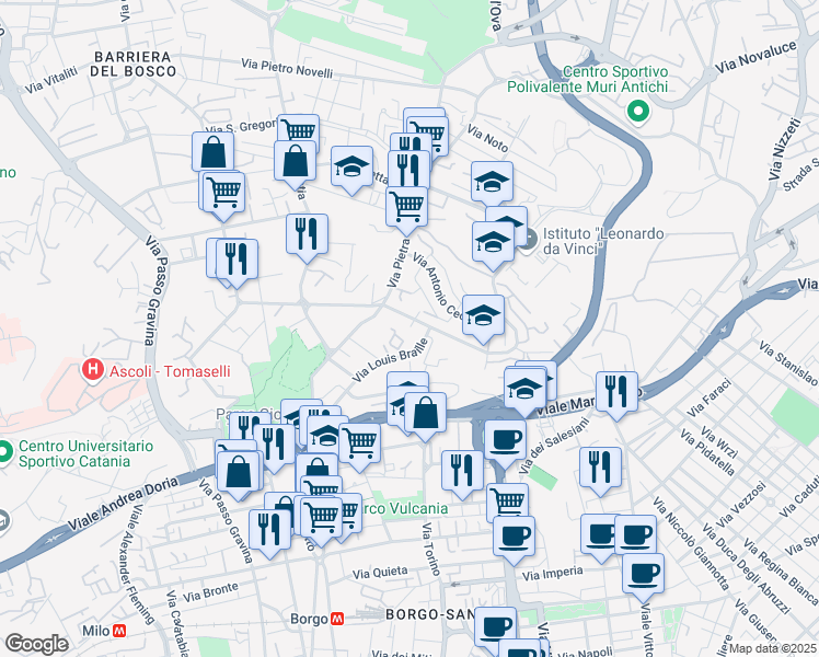 map of restaurants, bars, coffee shops, grocery stores, and more near 37 Via Battista Grassi in Catania