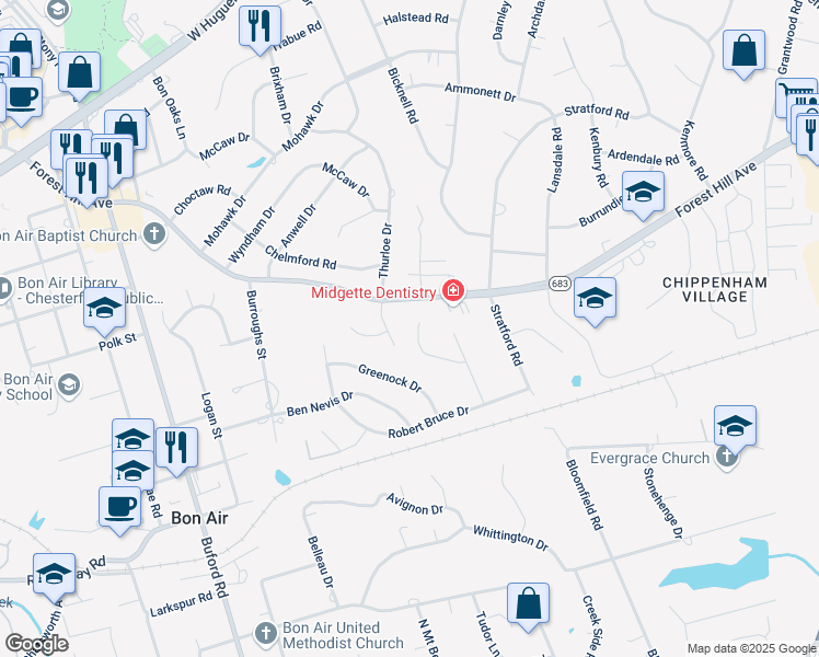map of restaurants, bars, coffee shops, grocery stores, and more near 8129 Bendemeer Road in Richmond