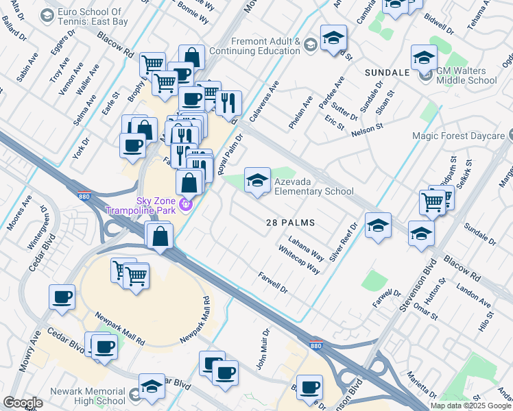map of restaurants, bars, coffee shops, grocery stores, and more near 39415 Royal Palm Drive in Fremont