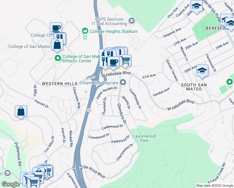 map of restaurants, bars, coffee shops, grocery stores, and more near 1300 Overland Drive in San Mateo