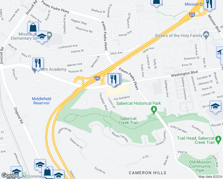 map of restaurants, bars, coffee shops, grocery stores, and more near in Fremont