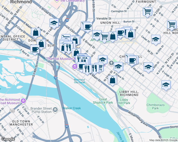 map of restaurants, bars, coffee shops, grocery stores, and more near 2109 East Franklin Street in Richmond