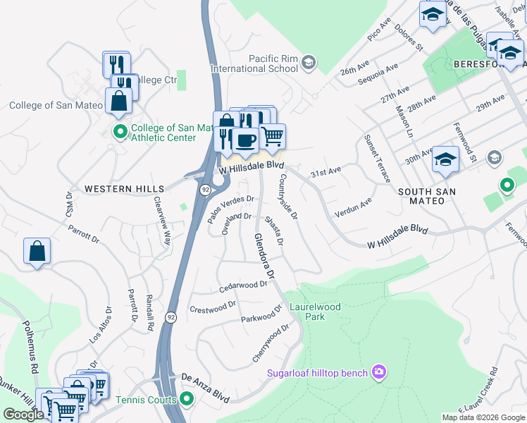 map of restaurants, bars, coffee shops, grocery stores, and more near 3257 Glendora Drive in San Mateo