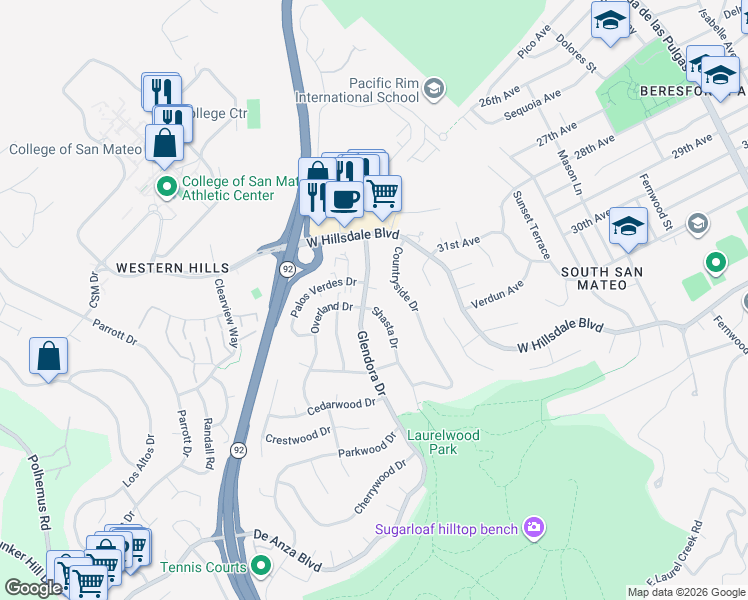 map of restaurants, bars, coffee shops, grocery stores, and more near 3257 Glendora Drive in San Mateo